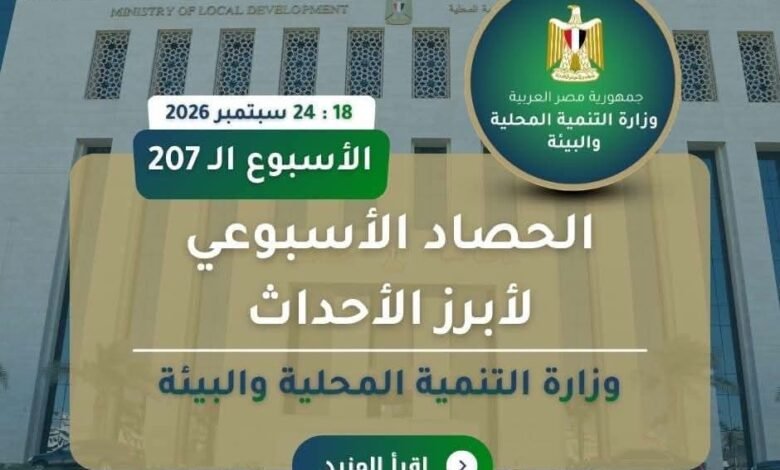 نشرة الحصاد الأسبوعي لرصد أنشطة وزارة التنمية المحلية والبيئة (18 : 24 سبتمبر 2026)